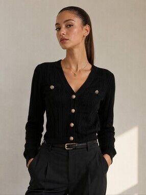 Gemma + Jane V Neck Cardigan Size S Black Gold Buttons Sweater EUC